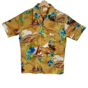 Vintage Islander Hawaiian Print Short Sleeve Button Down Shirt Size Large